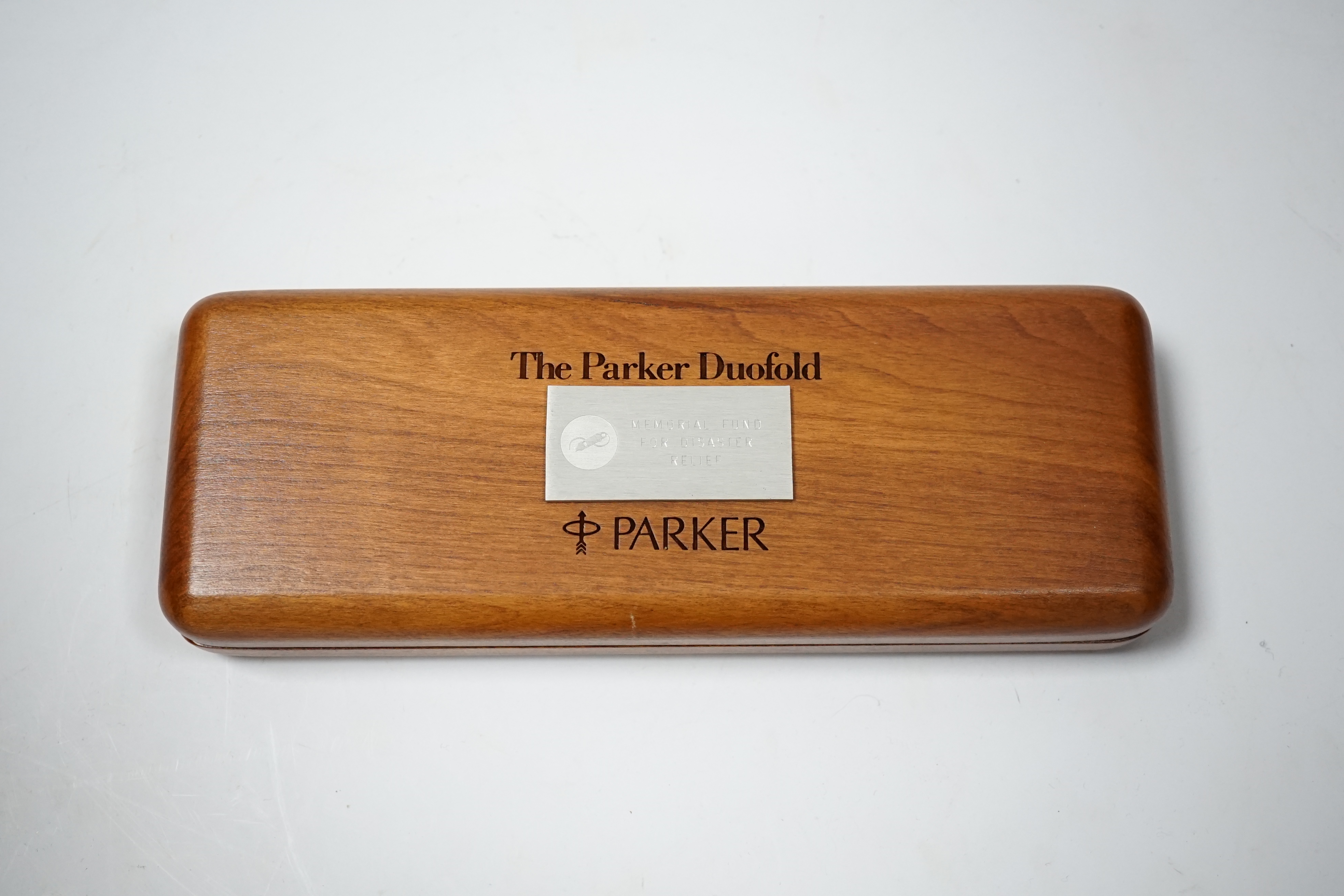 A Parker Duofold black centennial fountain pen for 'Memorial fund for Disaster Relief'